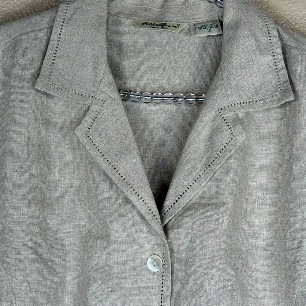 Eddie Bauer Beige 100% Linen Midi‎ Dress Button Front Short Sleeve